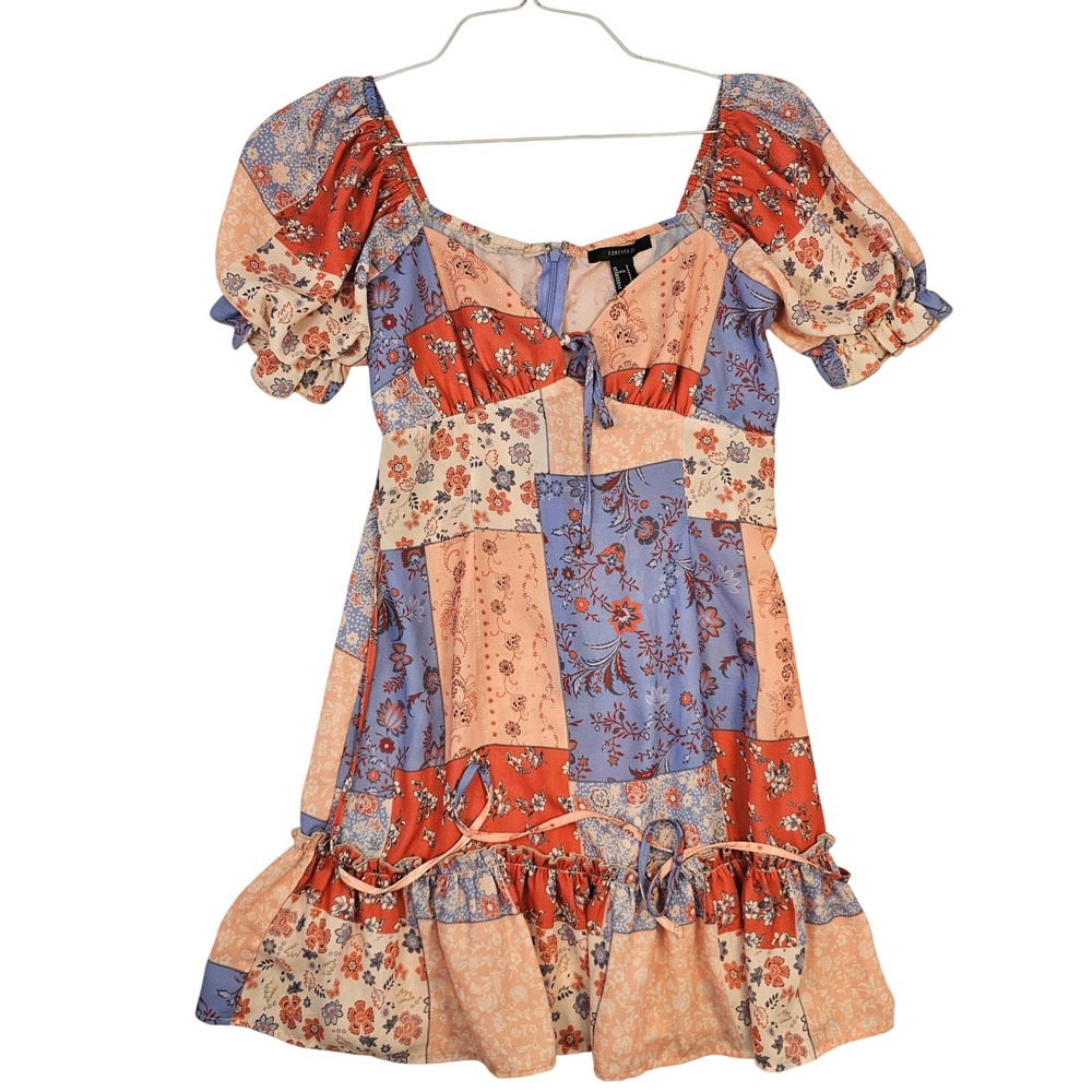 Forever 21 Patchwork Floral Puff Sleeve Mini Dress Orange Blue Small